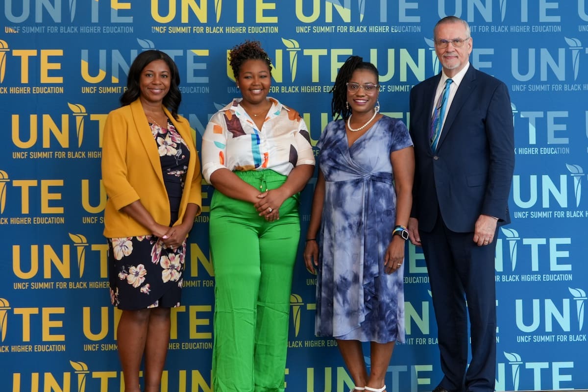 'The Path to R1 Status: Closing the Equity Gap in Research Funding' panelists Dr. Erika Johnson, Chinwe Ohanele Agwu, Dr. Muhsinah Morris, and Dr. Barney Graham. The panel discussed funding research at HBCUs as part of the UNCF UNITE Summit for Black Higher Education.